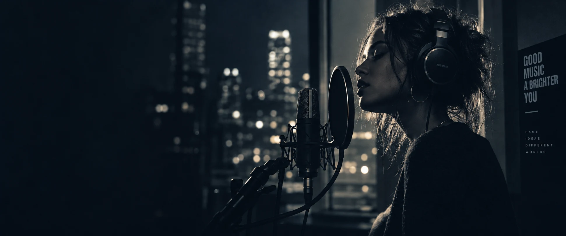 A vocalist wearing headphones at a studio microphone, overlooking the city at night